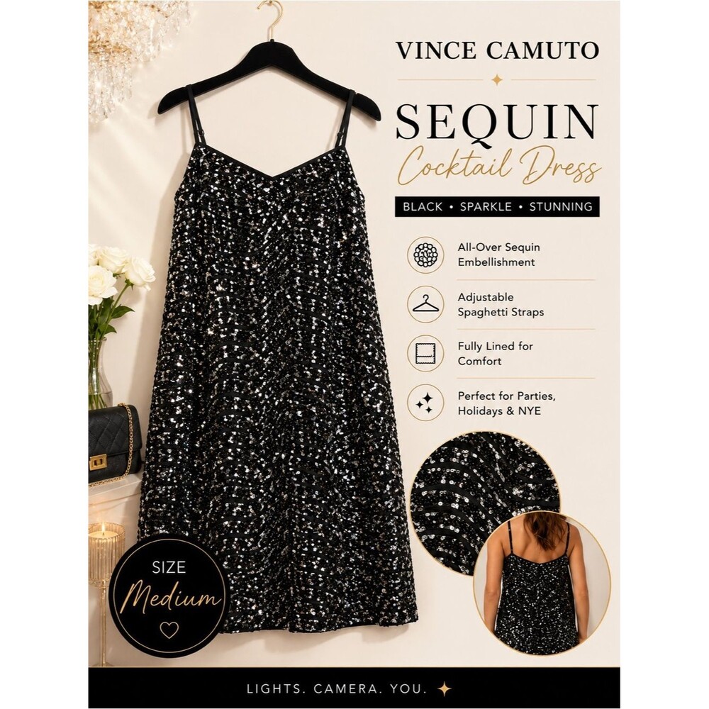 Vince Camuto Black Sequin Spaghetti Strap Mini Dress